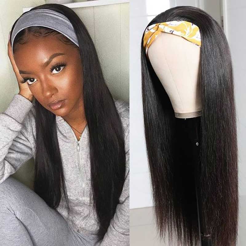 

Beaudiva Straight Human Hair Wigs Headband Wig Easy Half Wig Brazilian Straight Hair Headband Looks like REAL Natural, As pic