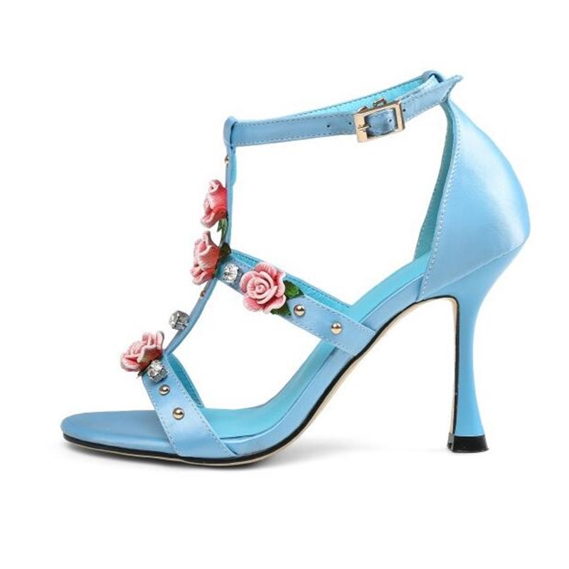 

Hot selling rose flower high heel sandal sexy open toe pink blue leather cutouts sandal t-strap crystal heels shoes, Sky blue