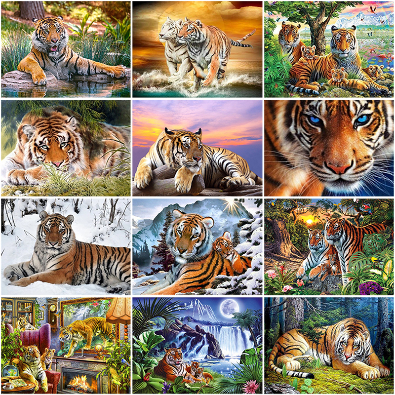 Embroidery Cross Stitch Tiger Animal Needlework Sets for Full Kits White Canvas DIY Home Decor 14CT Cross Stitch Size : 44x36cm14CT