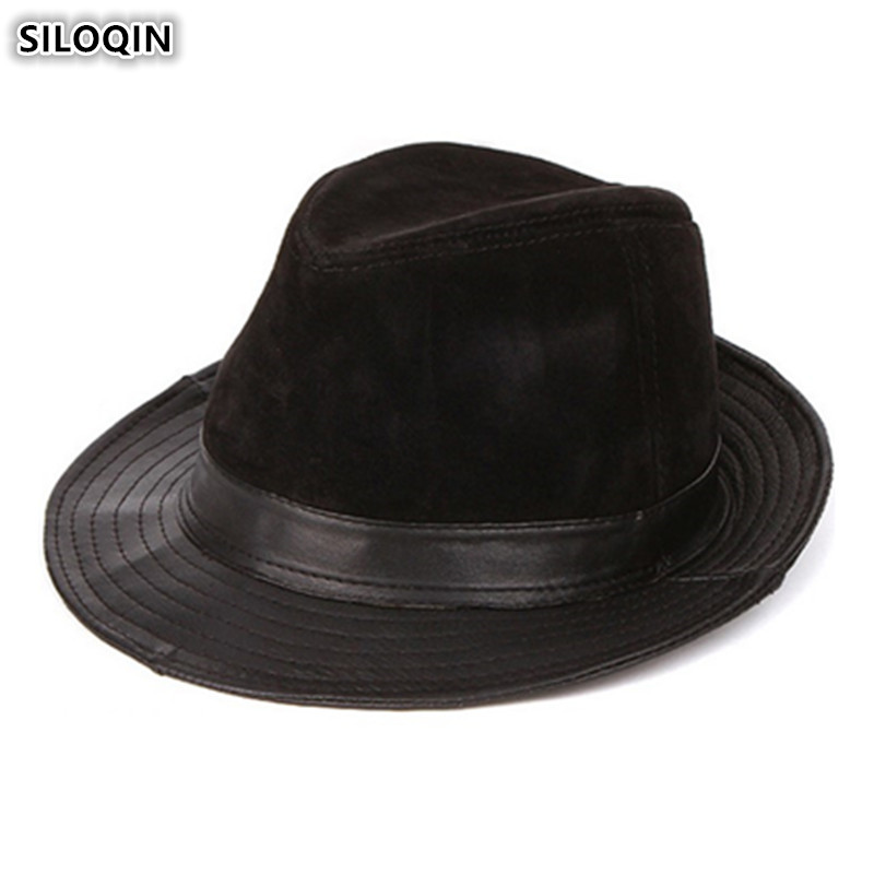 

SILOQIN Genuine Leather Hat Men's Leather Fedoras Jazz Hat 2020 New Style Elegant Women's Sheepskin Hats Snapback Cap Unisex, Color-1
