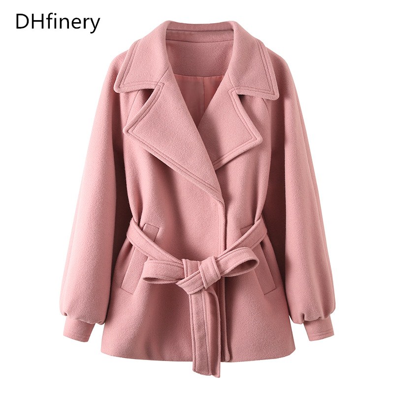 

DHfinery Elegant lady Wool Coat for bust 102-126CM winter women Raglan sleeves vintage woolen coat plus size -5XL B2006, Pink