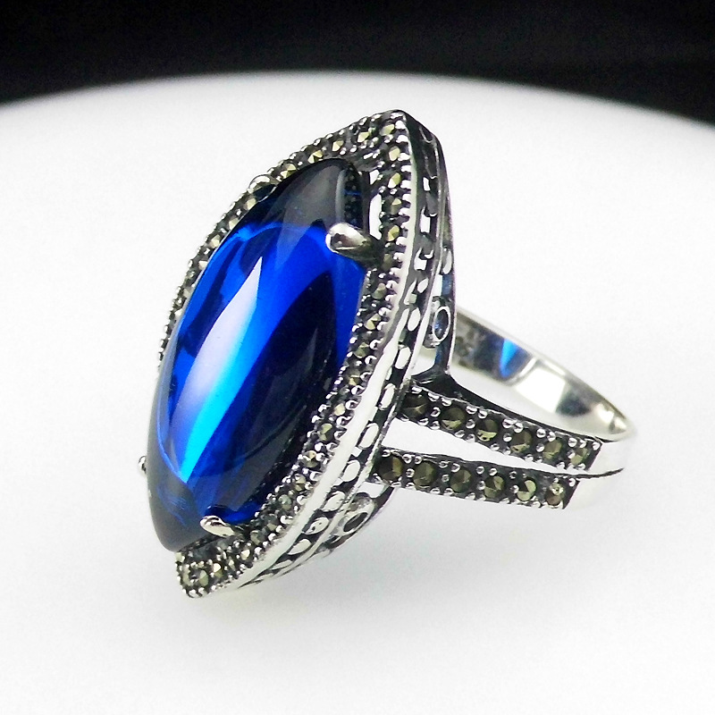 

FNJ Blue Corundum Vintage Rings 925 Silver Original S925 Thai Silver Ring for Women Jewelry MARCASITE