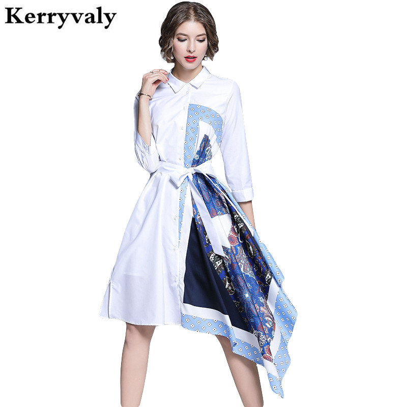 

New Autumn Print White Irregular Party Dress Vestidos Mujer Verano 2020 Women Rockabilly Midi Dress Belt Tunique Femme K6831, Clear