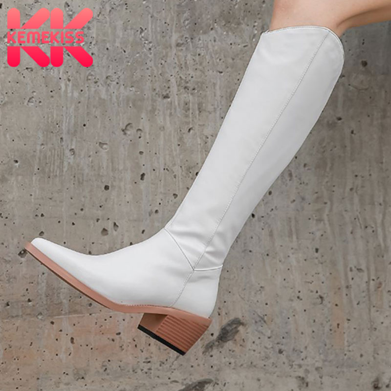 

KemeKiss Genuine Leather Woman Knee Boots Sexy Pointed Toe Thick Heel Winter Shoes Woman Long Boot Lady Footwear Size 34-42, White