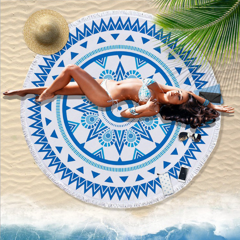 

Microfiber Floor Mat Bohemian Style Beach Towel Geometric Pattern Yoga Mat Super Large Round Tassel Edge Yoga