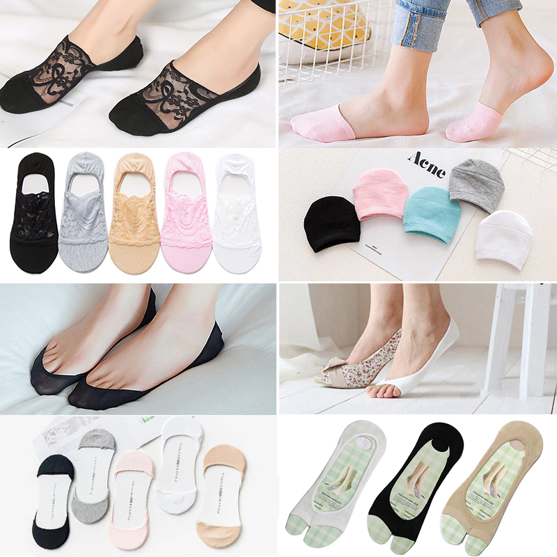 

3/4/5pair Boat Socks for Women Girls Transparent Lace Invisible No Show Socks Non-slip Ankle Breathable Slipper, 3pair random color