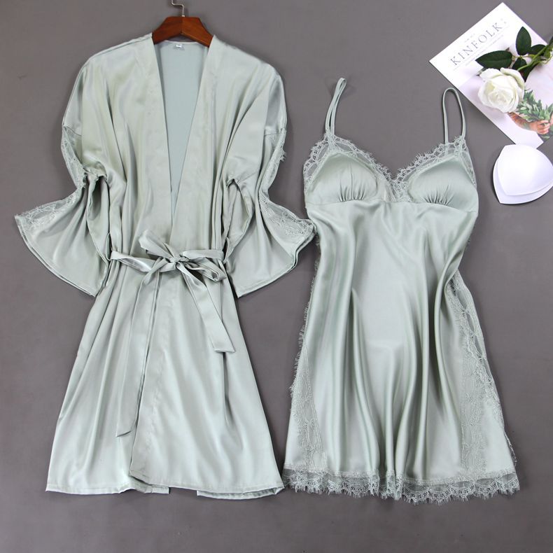 

Summer Women Nighty&robe Set 2PCS Sleepwear Casual Loose Kimono Bath Gown Nightwear Nightdress Sexy Lace Mini Nightgown Homewear, Green-2pcs