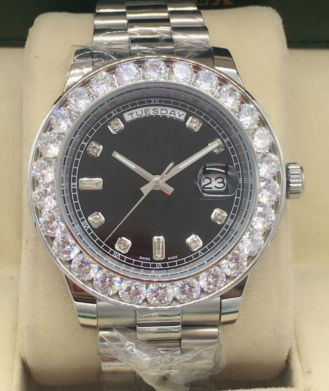 

Luxury Watches 41mm Automatic Mechanical White Gold Bigger Diamond Black Dial Stainless Steel Bracelet Mens Wristwatch