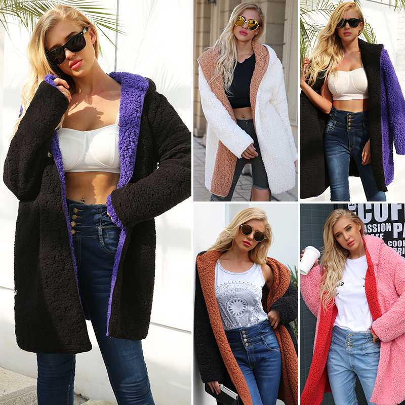

Casual Streetwear Reversible Autumn Winter Lamb Fur Hooded Long Coat Women Long Sleeve V-Neck Warm Female Plush Teddy Outwears