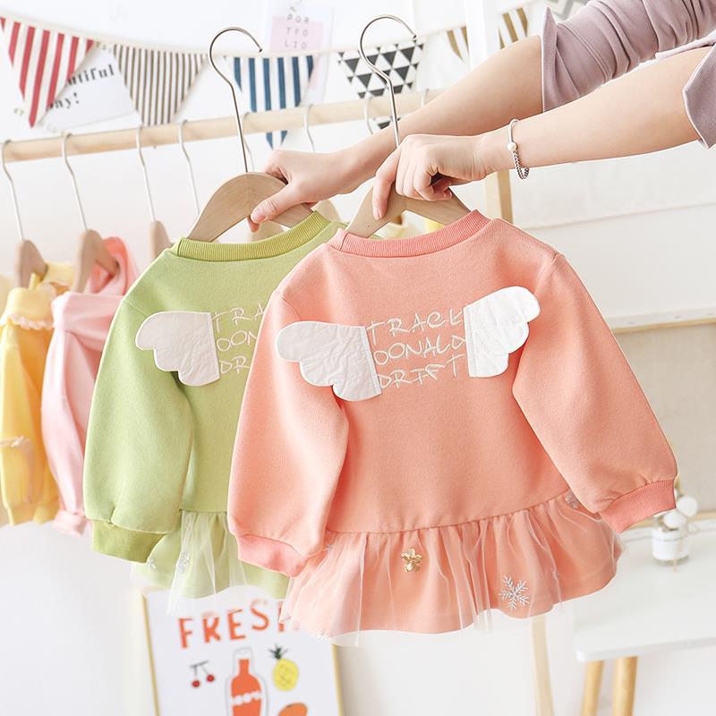 

Spring Autumn Children's Wing T-shirt Baby Girls Sweet Cotton Printing Princess Dress Lace Hem T-shirts Girls Kids, Pink