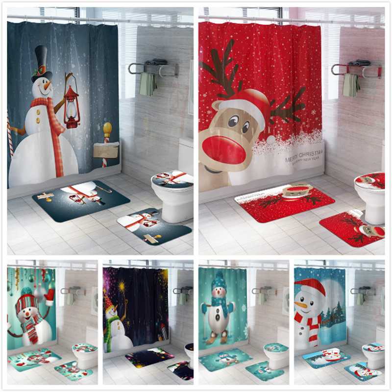 

Christmas Snowman Elk Shower Curtain Bathroom Suit Reindeer Waterproof Fabric Bath Curtains Toilet Cover Mat Non Slip Rug Set