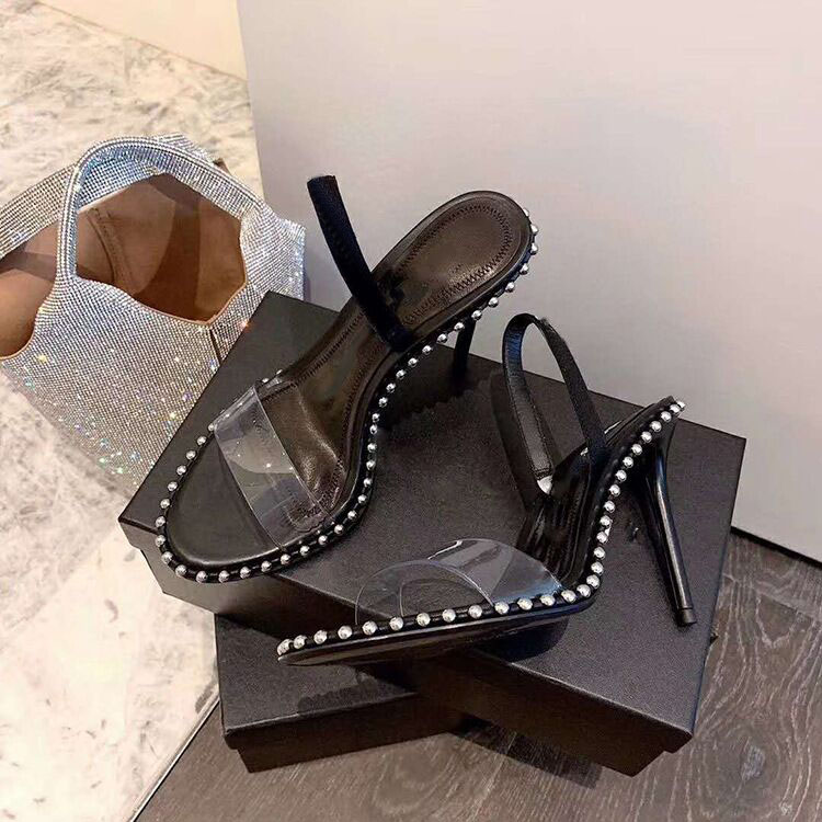 

2020 Designer women high heels party fashion rivets girls sexy pointed shoes Dance shoes wedding shoes Double straps sandals, Black