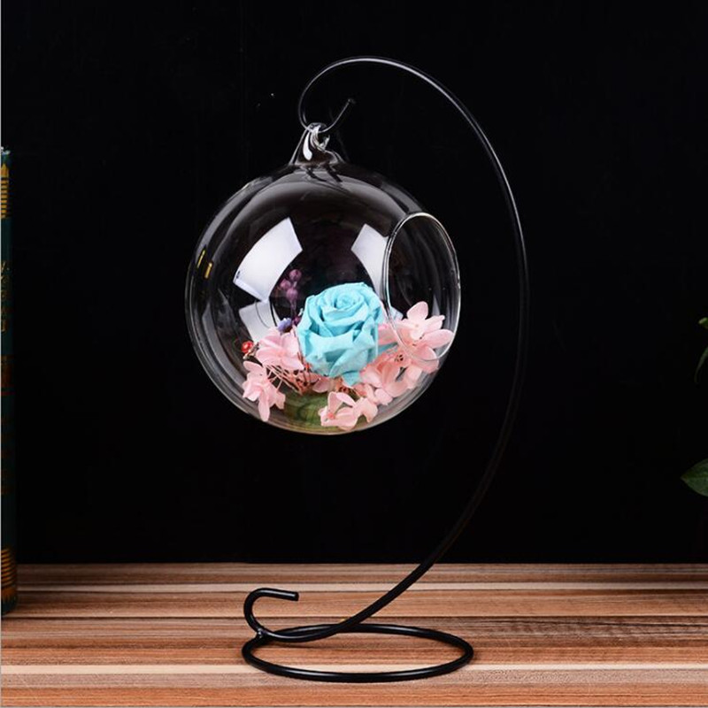 

Diameter=10cm Transparent Glass Terrarium Vase Black Metal Stand Wedding Decoration Prop Glass Hanger Friend Birthday Gift