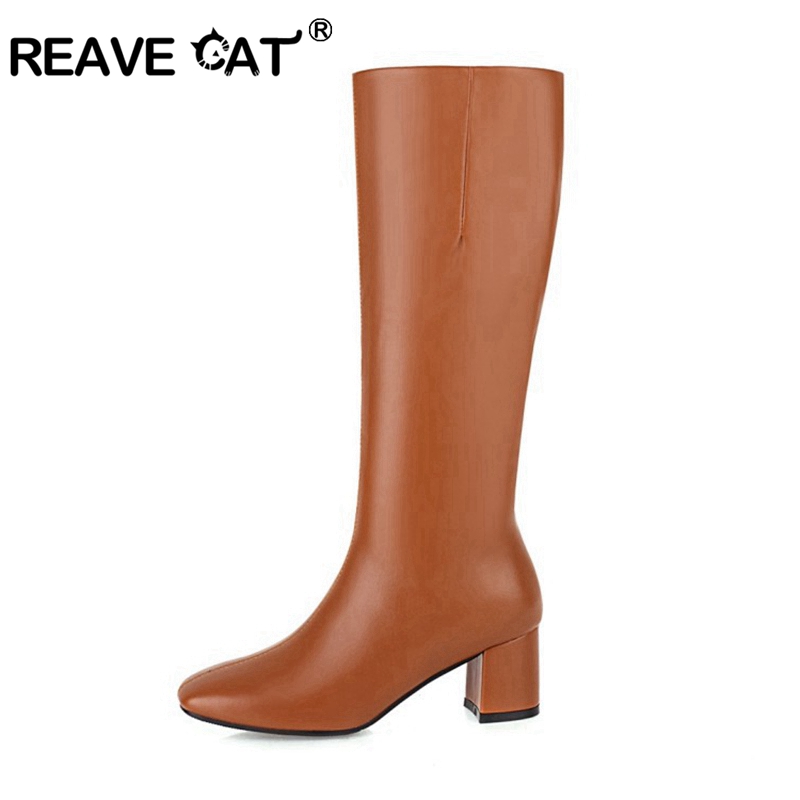 

REAVECAT Winter Knee-high boots Square toe Chunky heels PU Zip Solid Big size 34-48 Black Apricot Brown Sliver Daily Work A3170, Black velvet
