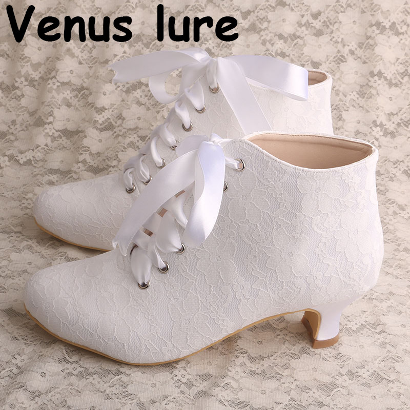 

Ribbon Tie Women Designer Boots for Wedding White Lace Chunky Heel, Ivory