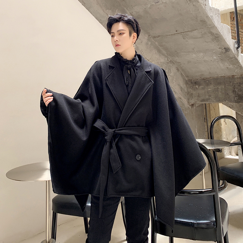 

Men Winter Oversize Loose Casual Woolen Cloak Batwing Sleeve Jacket Male Streetwear Hip Hop Gothic Sashes Outerwear Coat, Black