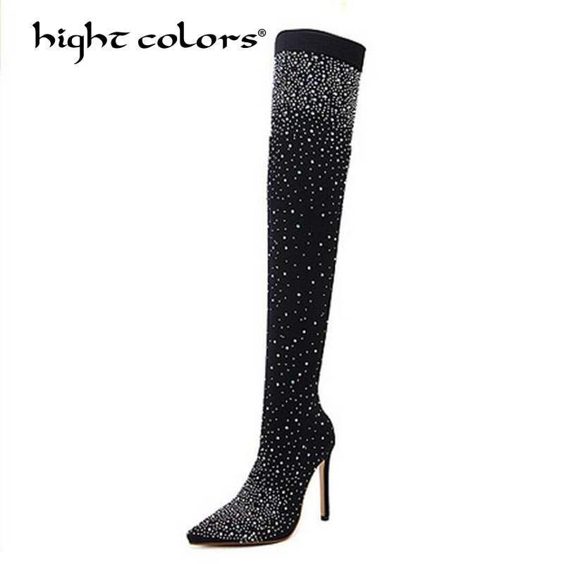 

Fashion Runway Crystal Stretch Fabric Sock Boots Pointy Toe Over-the-Knee 12cm Heel Thigh High Pointed Toe Woman Boot 8611-20, Black