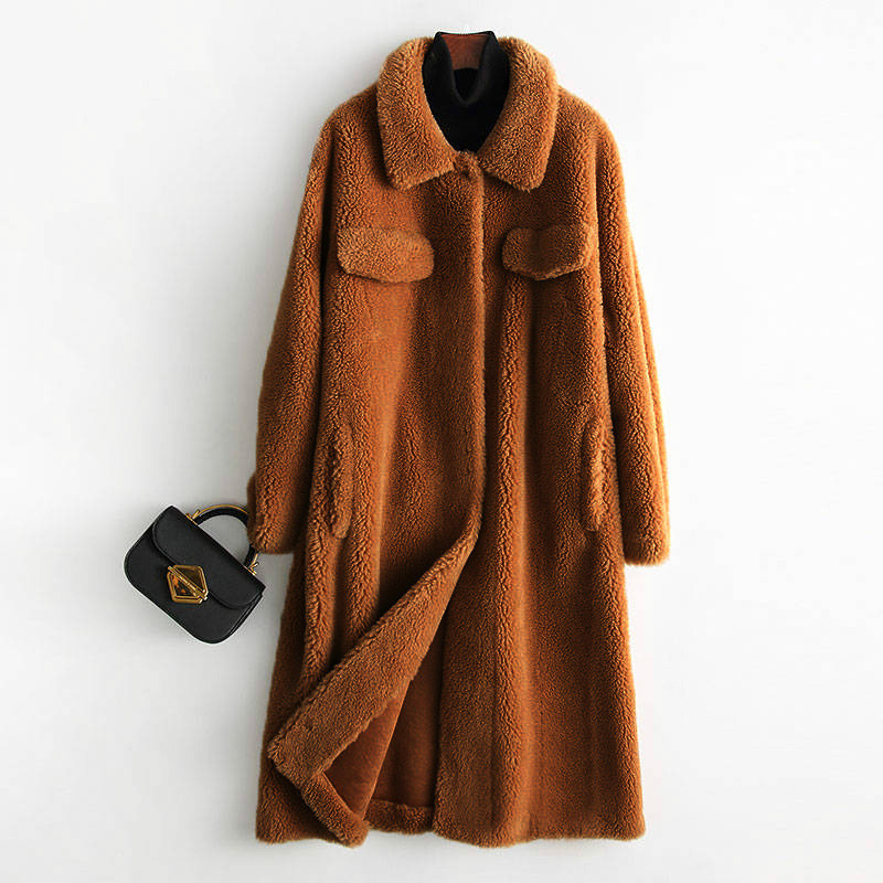 

Autumn and Winter Faux Fur Coat Female Long Style Faux Lamb Fur Outerwear Windbreaker Long Sleeve Pockets Cardigans FUR023, Pink