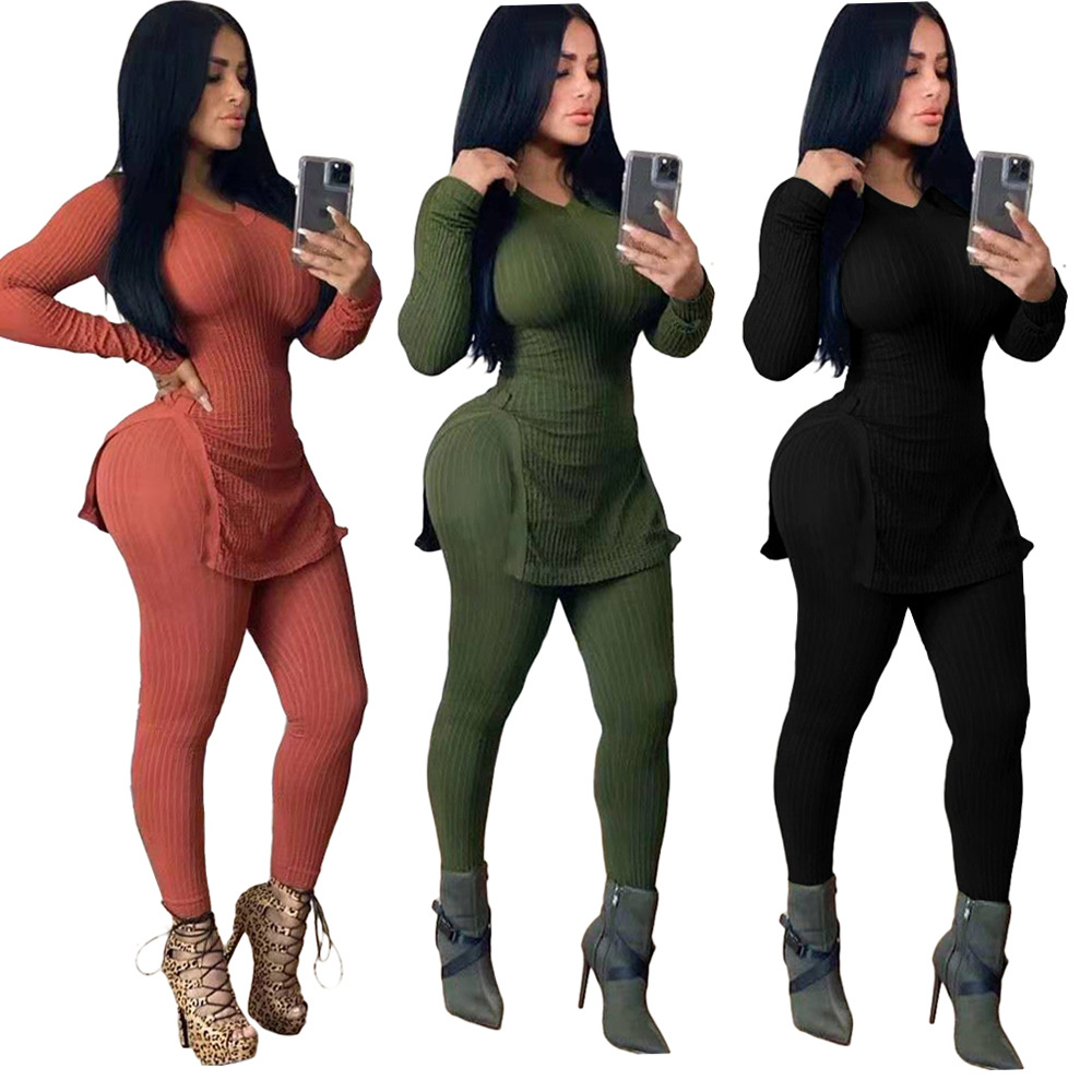 

Pit Bar Split Womens 2pcs Spring Autumn Long Sleeve V-Neck Skinny Sexy Casual Designer Women Clothing 2 Pieces, White