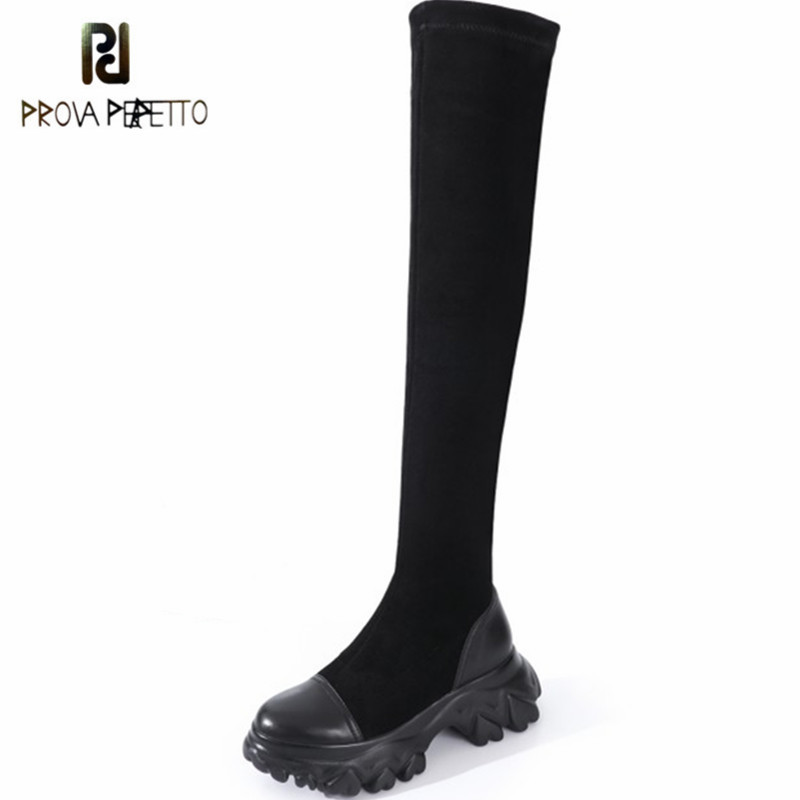 

Prova Perfetto Comfortable Thigh High Boots Fashion Mixed Colors Crude Heel Zapatos De Mujer Winter Soft Thick Bottom Long Boots, Black
