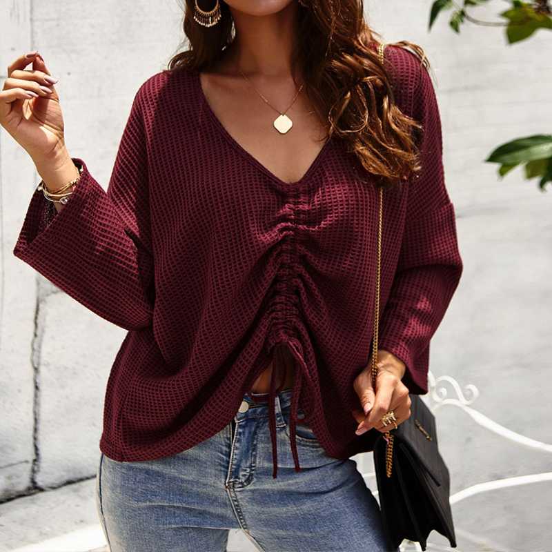 

Ladies Knitted Shirts 2020 Autumn New Fashion Drawstring Long Sleeve Blouse Tops Casual Loose Sweater Elegant V-neck Knitwear, Black