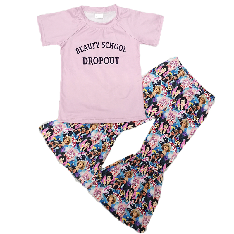 

fashion summer outfit girl boutique letters designs clothing set pink top and bell pants, As pic