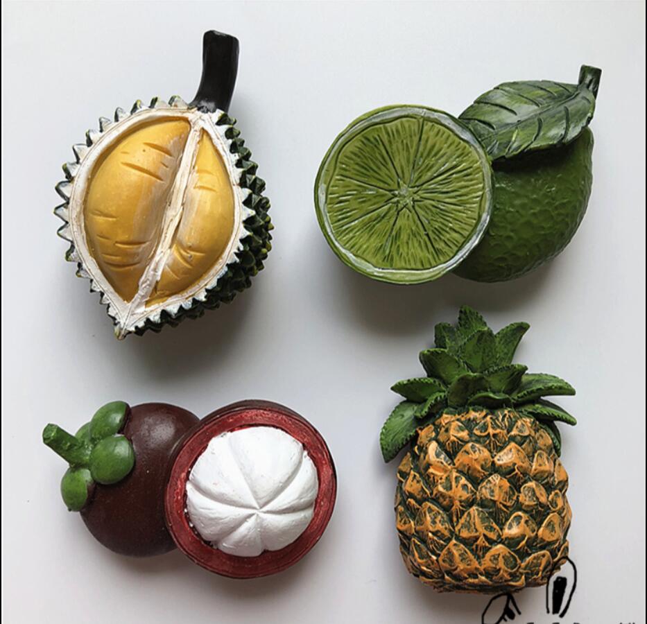 Fridge Magnets Fruit modeling durian mangosteen lemon pineapple 3D magnetic resin refrigerator stickers-image-568355524