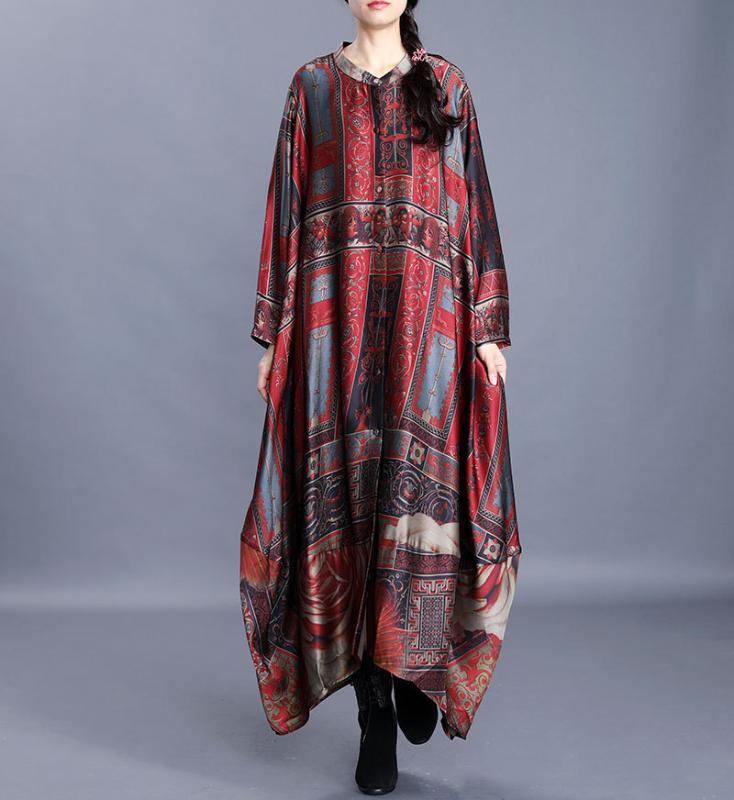 

Oversized Trench Coat Women Large Size Loose Silk Print 2020 Spring Stand Collar Long Sleeved Thin Anti-Sun X-Long Coats Female, Dark red