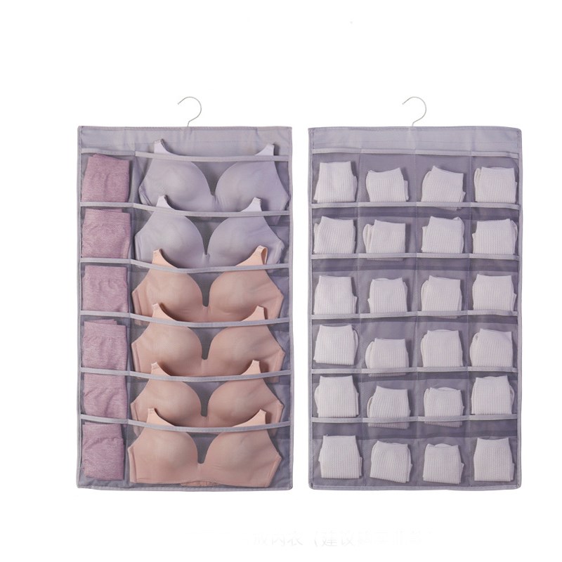 

Women Underwear Socks Hanging Bag Double-sided Wardrobe Closet Bra Storage Bag Oxford Home Clothes Organizer 15/24/30 Pockets, Beige 24 grids