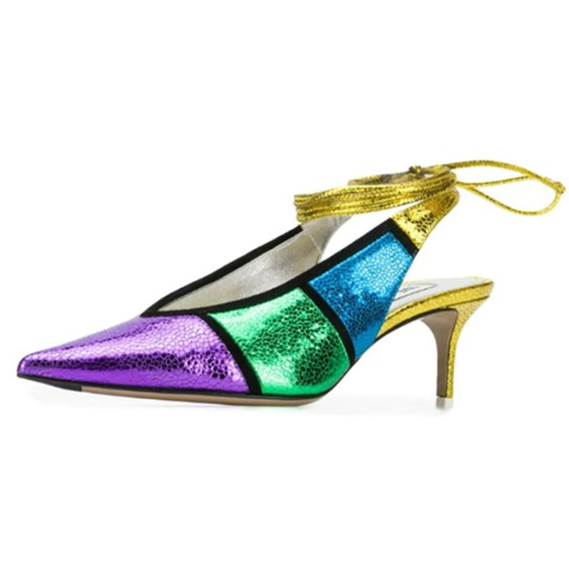 

2020 Shiny Leather Shoes Women Stilettos Ladies High Heels Pointy Slingbacks Pumps Formal Dress Sandals Ankle Strap Patchwork PU, As show