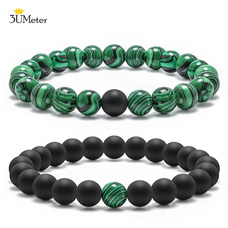 

2 pieces/Set 8mm Natural Malachite Stone Bracelet Couple Bracelet Black Matte Green Stone Beads Bracelets for Men Women Jewelry