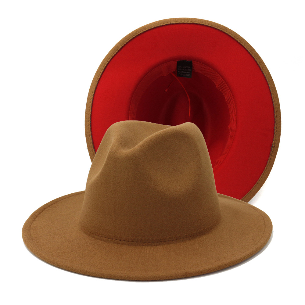 

Wholesale Brown Red Patchwork Wool Felt Jazz Fedora Hats Women Men Double-Sided Color Matching Ladies Bowler Panama Hat, Brown and red