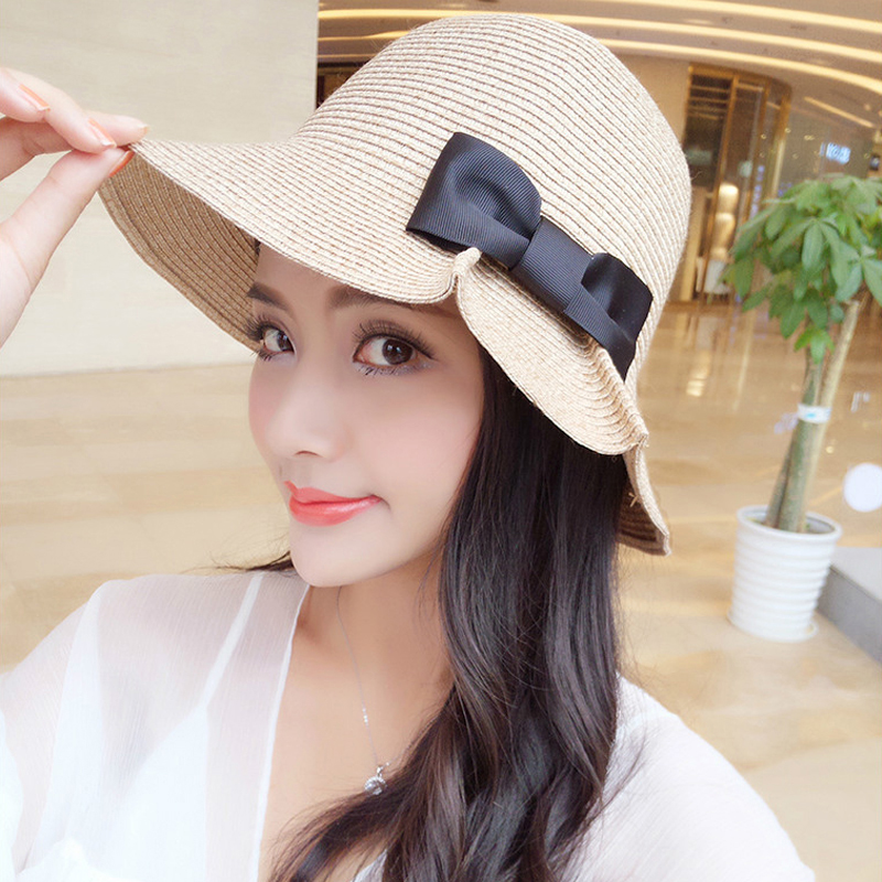 

Sun Hat Women Summer Folding Wide Large Brim Shape Beach Sunscreen Cap Cute Big Bow Solid Straw Outdoor Hats 6Q1464, Black