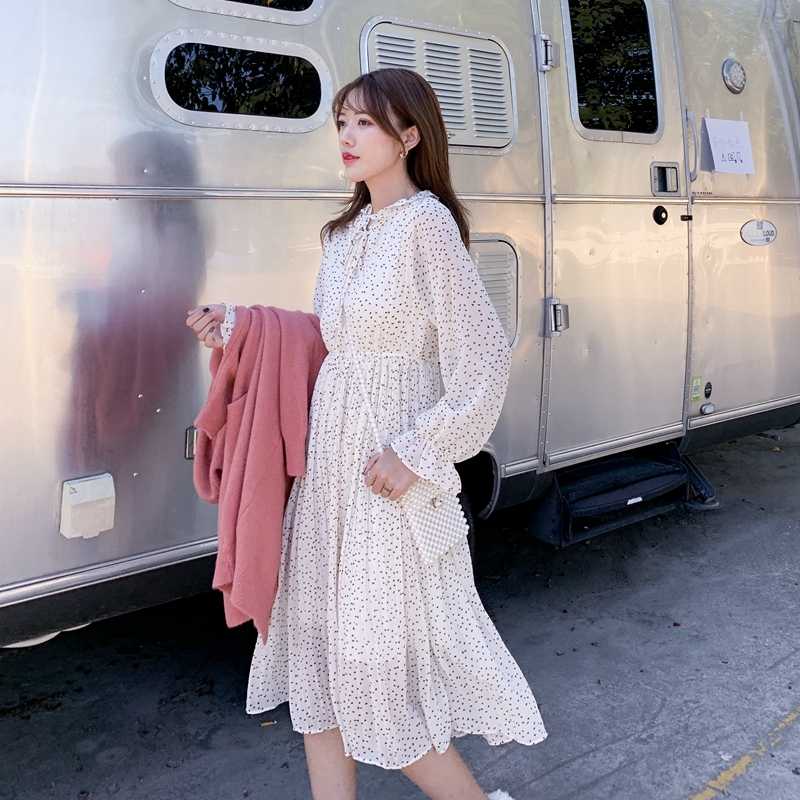 

New winter spot han edition dress make falbala collarband bind wave point floral chiffon dress, Black