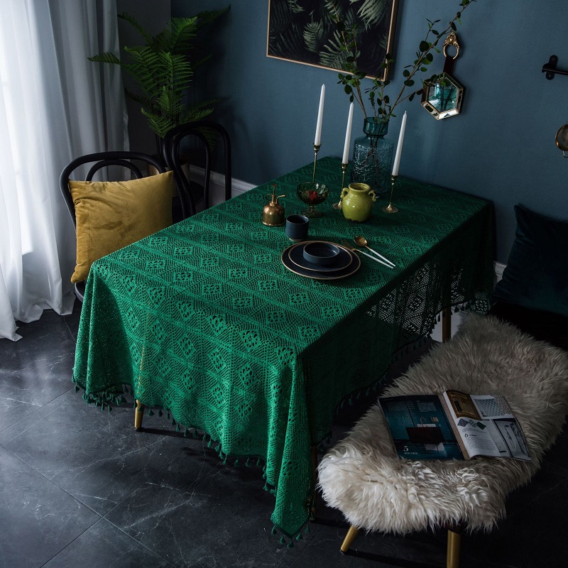 

Dark Green Retro Handmade Crochet Round Tablecloth Knit Hollow Literary Coffee Table Cover Cloth Shooting Background Cloth
