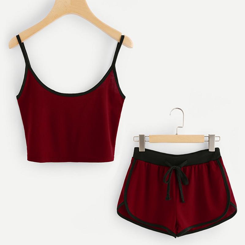 

2020 Summer Fashion Casual Women Sleeveless Patchwork Crop Cami Tops Blouse+Cord Shorts Outfit Set Sports Two piece Track Suit, Red