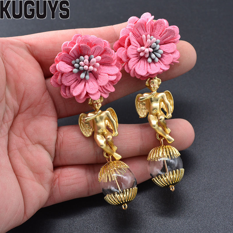

KUGUYS Vintage Figure Gold Angel Earrings for Womens Trendy Jewelry Fashion Baroque Pink Flowers Drop Earring Party Accessories