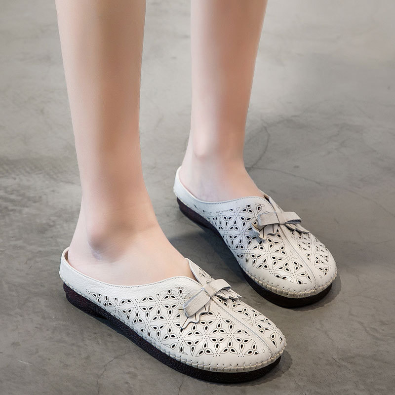 

VALLU 2020 Comfortable casual slippers, bow knot top layer cowhide sandals, soft sole and soft surface mother's shoes, Brown