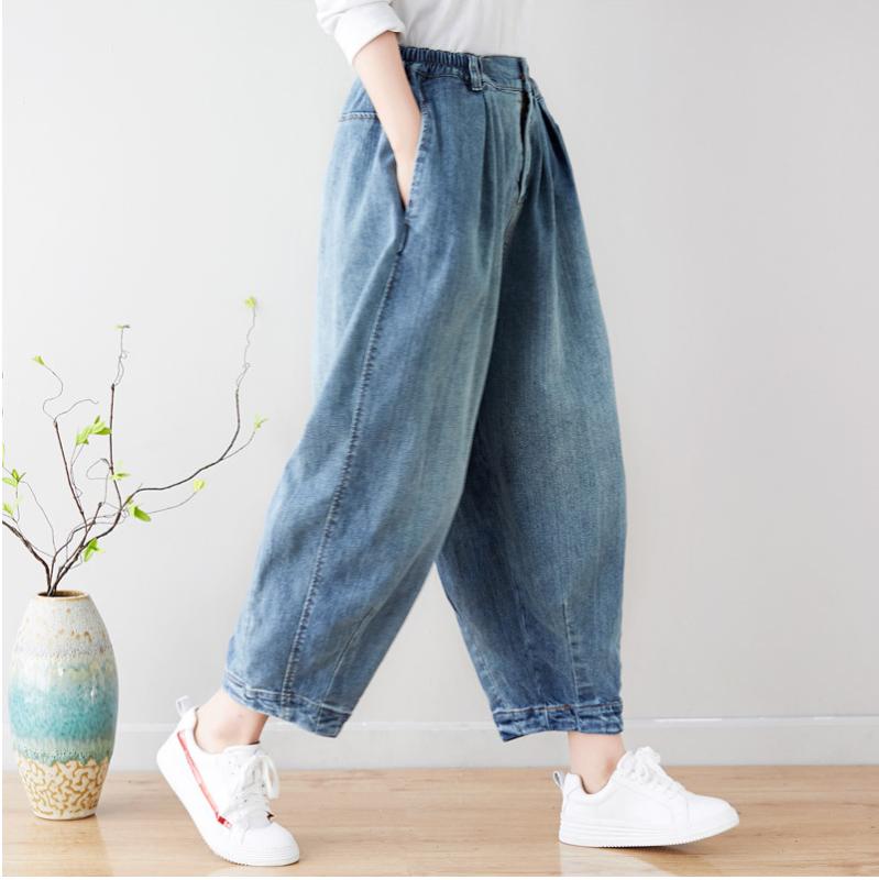 

Spring Jeans Retro Loose Women Large size Denim Pants New Elastic Waist Button pocket Vintage Casual Trousers 2020, Blue