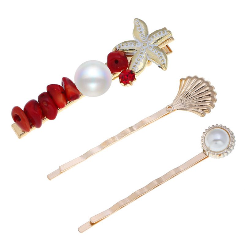 

Beach Style Metal Starfish Shell Hair Clips Women Colorful Resin Stone Beading Hairpins Imitation Pearl Jewelry Hair Accessories