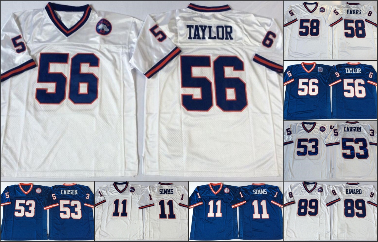 

Ncaa vintage Football wear stitched mens Jerseys 89 Mark Bavaro 58 Carl Banks 56 LAWRENCE TAYLOR 53 Harry Carson 11 Phil Simms Blue White