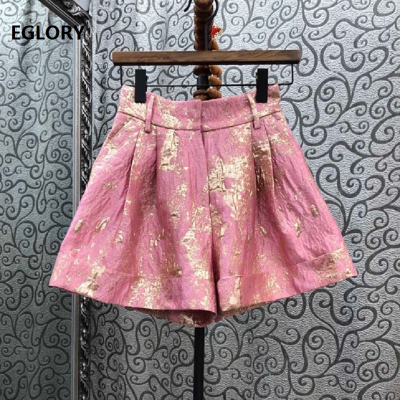 

High Quality Shorts 2020 Autumn Winter Style Women Vintage Jacquard Prints Wide Leg Casual Basic Shorts Ladies Pink Black Short