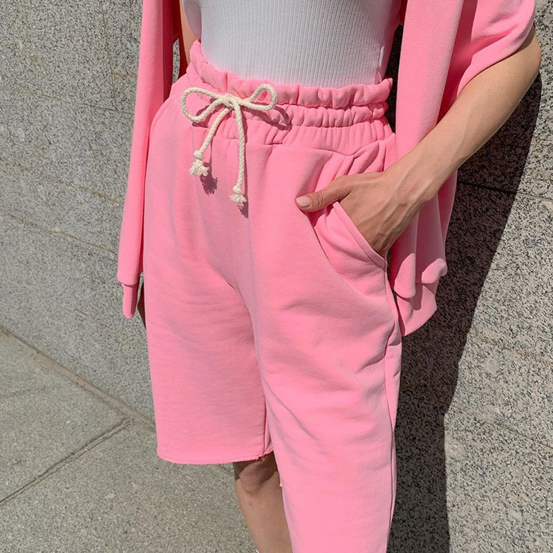 

High-waisted Pants Women Solid Color Elastic Waist Pockets Bandage Knee Length Streetwear Trousers Woman Clothing Pink Trouser, Gray
