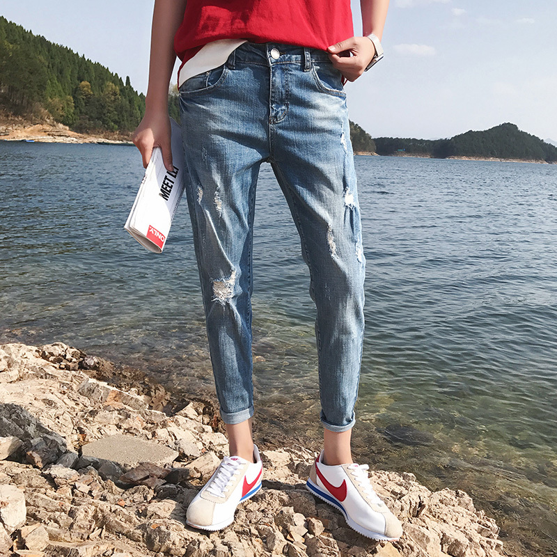 

Summer jeans men slim fashion washed solid color casual denim Pants Man streetwear hip hop wild Cowboy Trousers Male Clothes, Blue