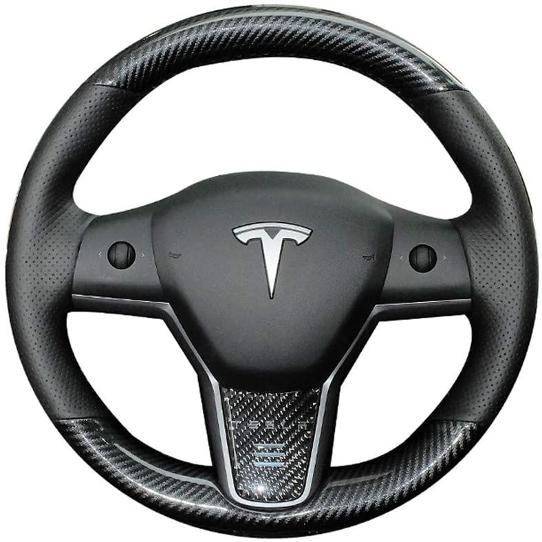 Black Perforated Leather & Carbon Fiber Auto Steering Wheel Cover Hand-Stitch on Wrap Fit for Tesla Model 3-image-572740894