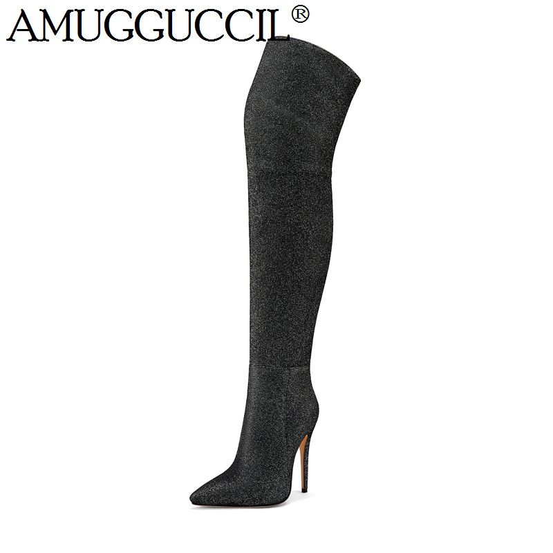 

2020 New Plus Big Size 35-44 Black Silver Gray Fashion Sexy Over The Knee Thigh High Heel Autumn Winter Ladies Women Boot X1840