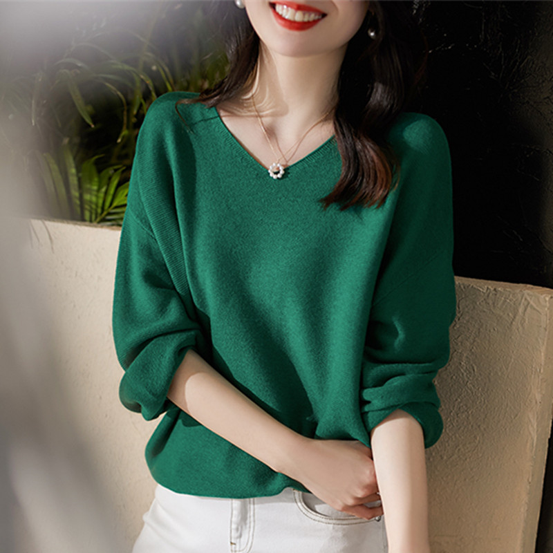 

2020 New Long Sleeve Knitted Sweater V-neck Pullover Sweaters Autumn Basic Shirts Knitwear Spring Short Women Casual Sweaters, Green