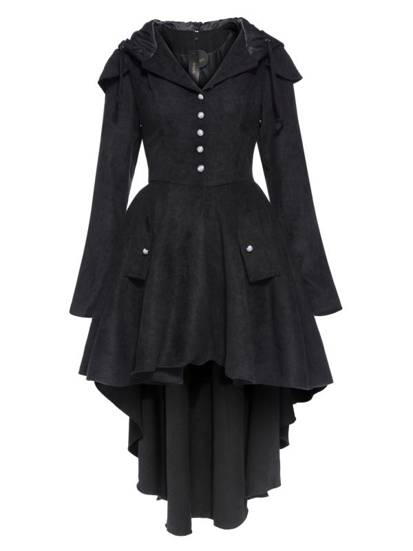 

Gothic Black Women Coat Hooded Long Sleeve Pocket Thick Slim Mid Length Lace Up Bowknot Vintage Female Casual Winter Overcoat