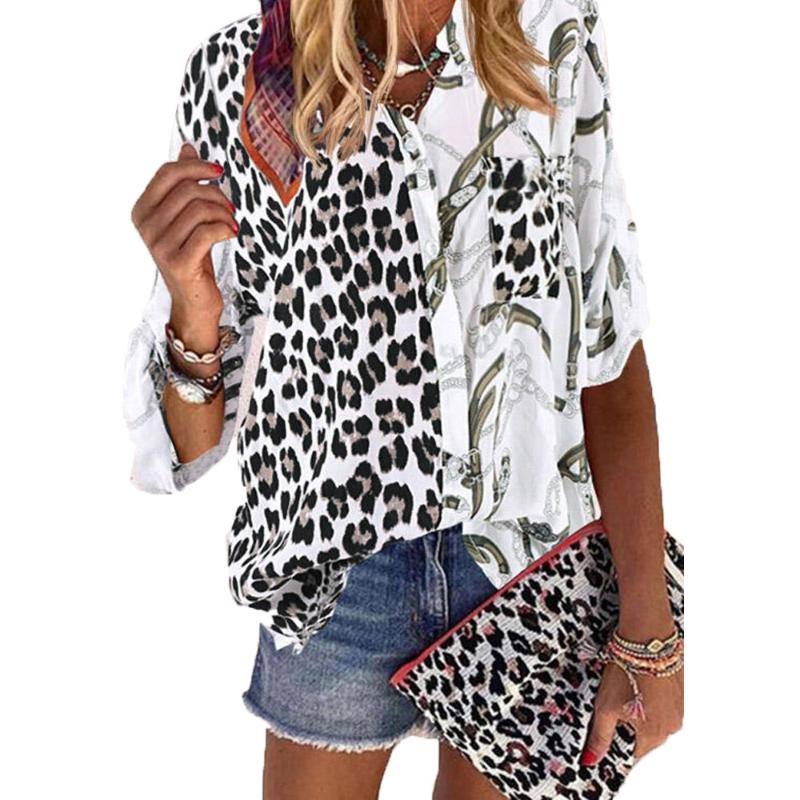 

Blouse Long Sleeve Sexy Leopard stand-up collar printing stitching leopard print shirt women Office Shirt Tunic Casual Loose