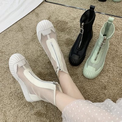 

2020 summer new breathable flat front zipper women's boots shell-toe net boots hollow mesh women's shoes, Green